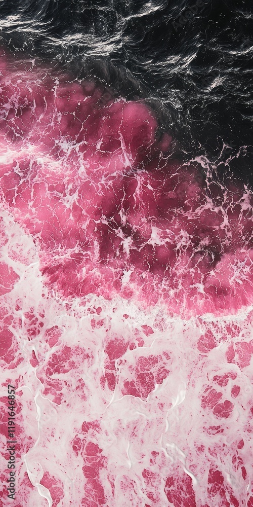 Aufkleber capturing an aerial view of vibrant pink and black ocean waves crashing together, creating a stunnin