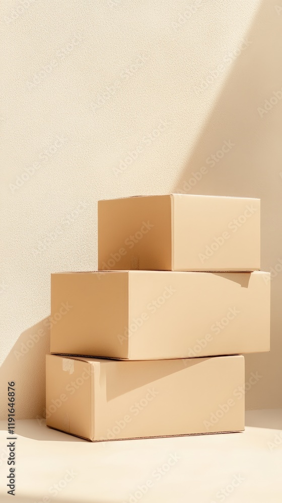 Aufkleber Three closed cardboard boxes of different sizes are stacked on top of each other, creating a balanced composition against a beige backdrop with contrasting light and shadow