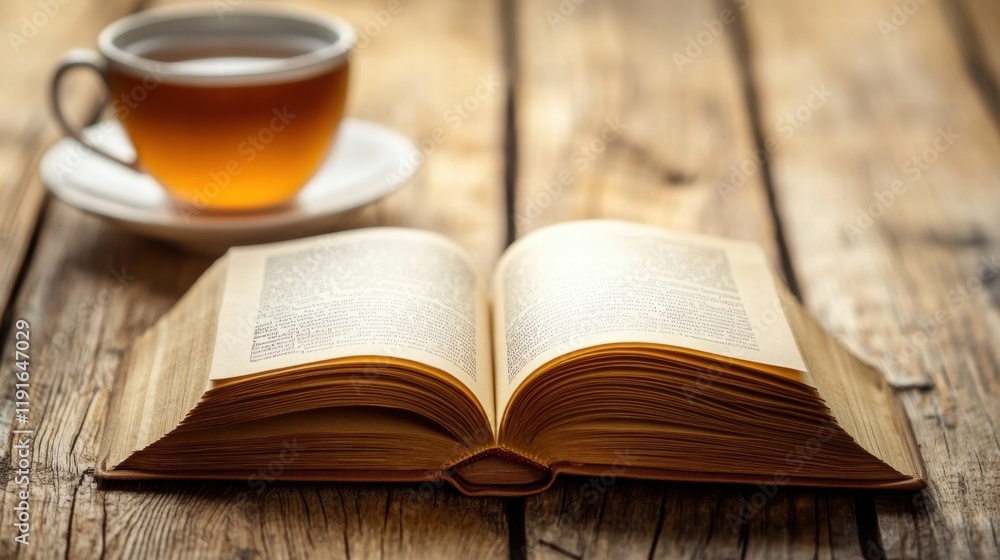 Fototapete cozy reading nook with an open book and a warm cup of tea on a rustic wooden table. generative ai