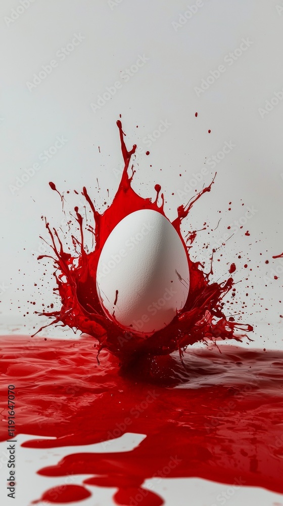 Poster white egg splashing into a puddle of red paint, creating a crown-like splash on a white background, 