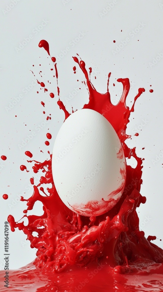 Poster single white egg is partially submerged in a splash of vibrant red paint, creating a dynamic and col