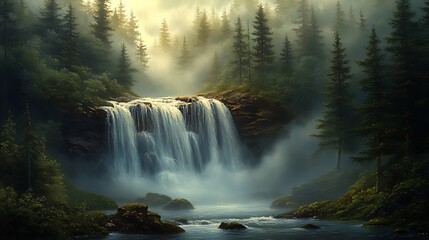 Misty forest waterfall sunrise, serene nature scene, tranquil background