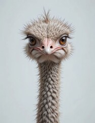 Close-up portrait of an ostrich with striking eyes and textured feathers, exuding curiosity.