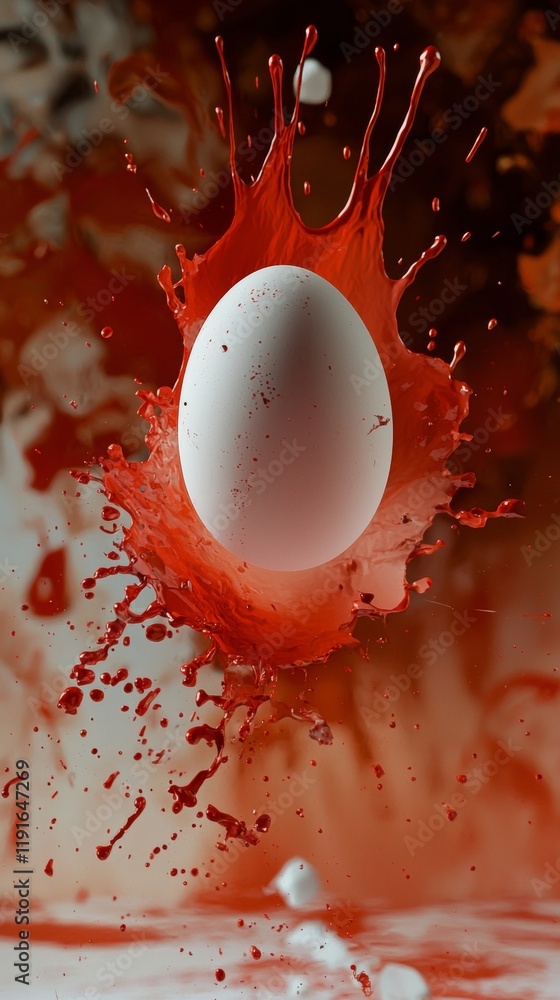 Poster white egg splattered with vibrant red paint, creating a dynamic explosion against a blurred backgrou