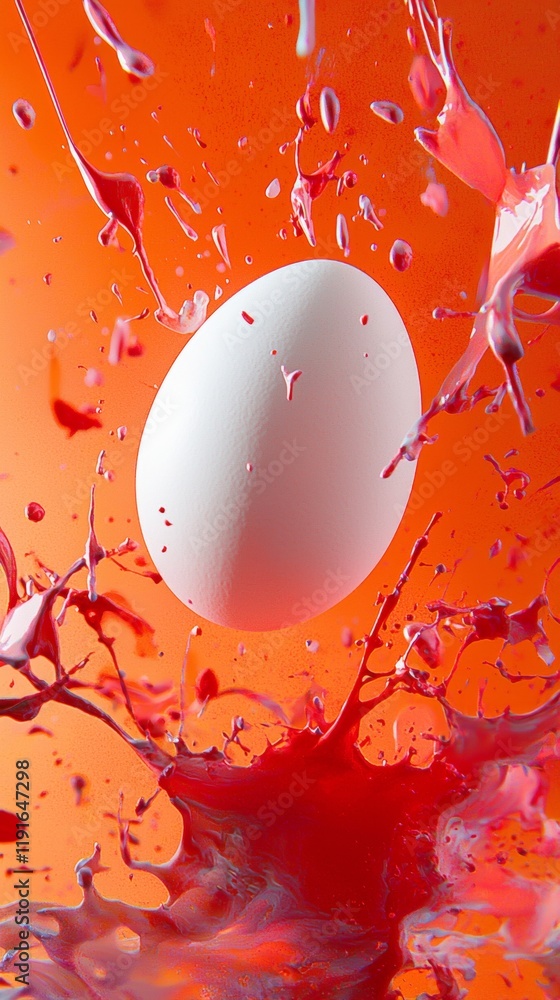 Poster white egg floating amidst a vibrant explosion of red paint splattering against a vivid orange backdr