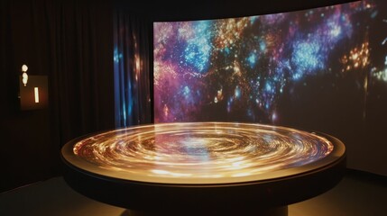 Illuminated table displays swirling cosmic projection.