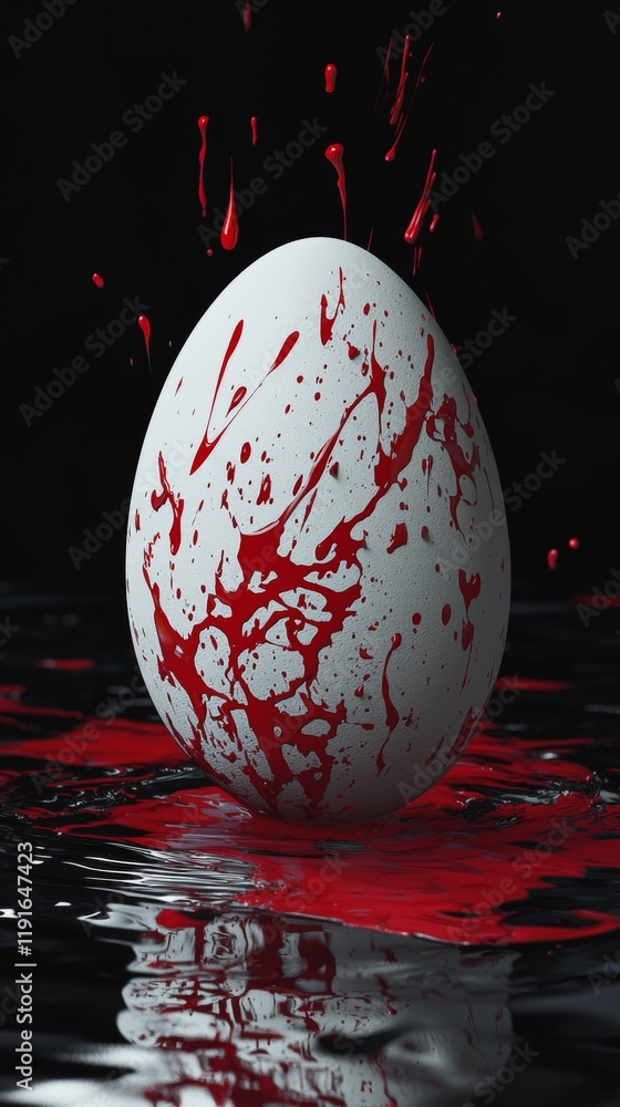 Poster red paint is splashing on a white egg standing on a dark reflective surface, creating an artistic an