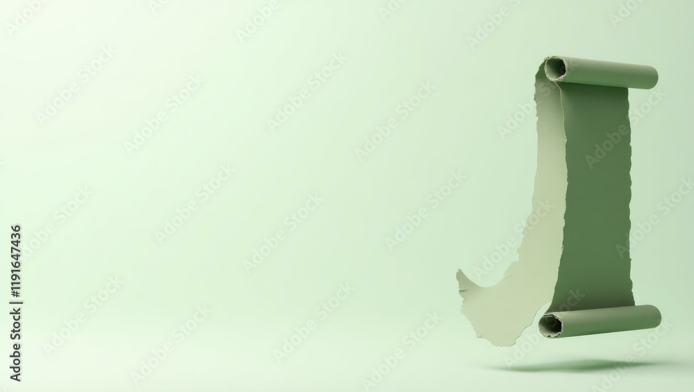 Poster sage green philosopher's scroll on right. soft blue background. copy space for text, 3d render ai ge