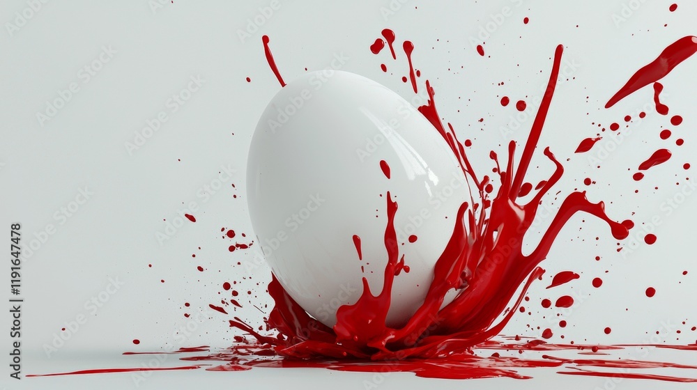 Poster red paint splashing against a white egg on a pristine white background creates a vibrant and dynamic