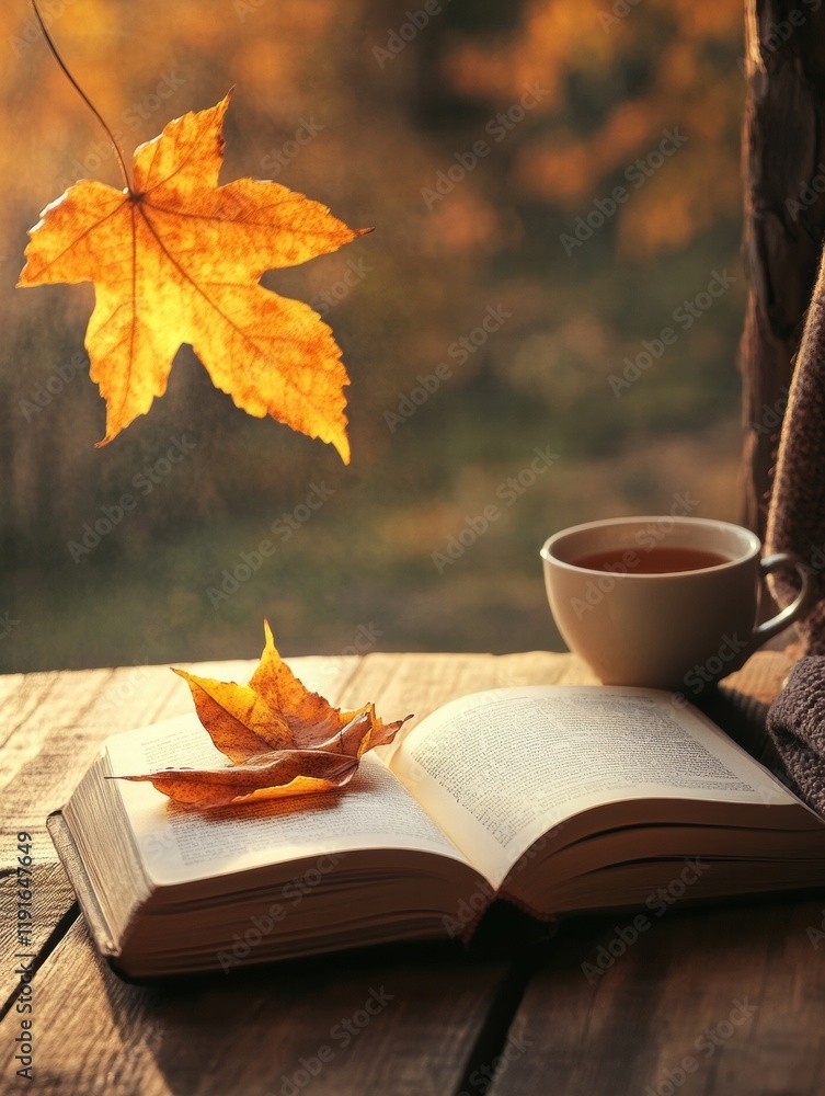 Aufkleber cozy reading nook with an open book and a steaming cup of tea on a wooden table surrounded by autumn
