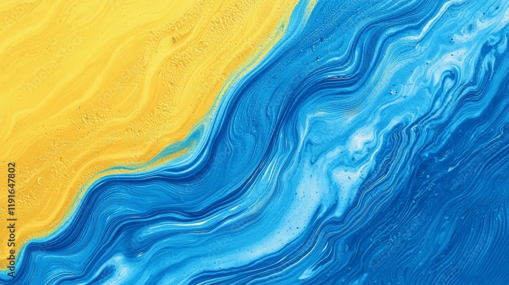 Poster Fluid acrylic painting creating a mesmerizing blend of blue and yellow colors, forming a dynamic and abstract composition with swirling patterns and textures
