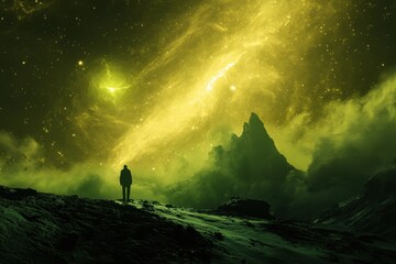 Person standing on rocky terrain under a vivid green cosmic sky at night