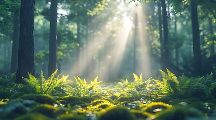 Obraz premium Sunbeams illuminate mossy forest floor, ferns, peaceful morning