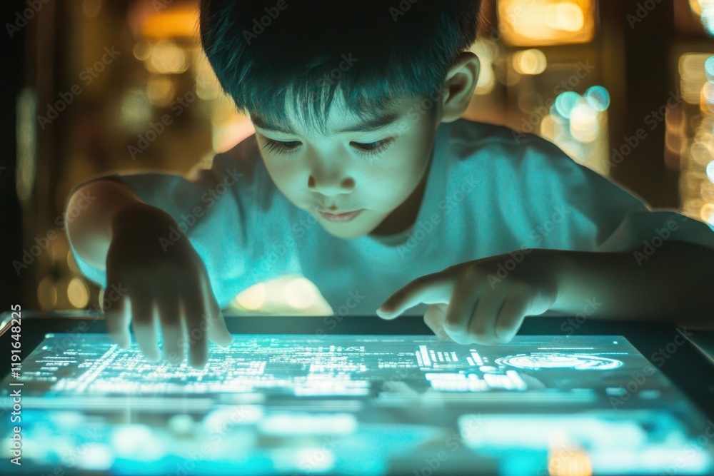 Poster young child interacting with a touchscreen display in a modern learning environment