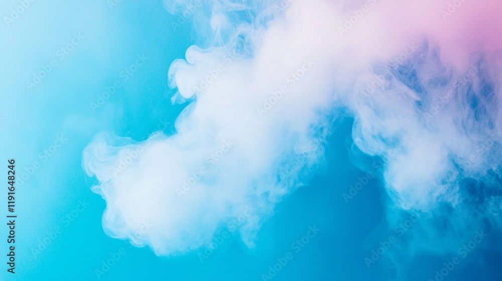 Poster white smoke is creating abstract shapes on a gradient background, moving and swirling in a visually 