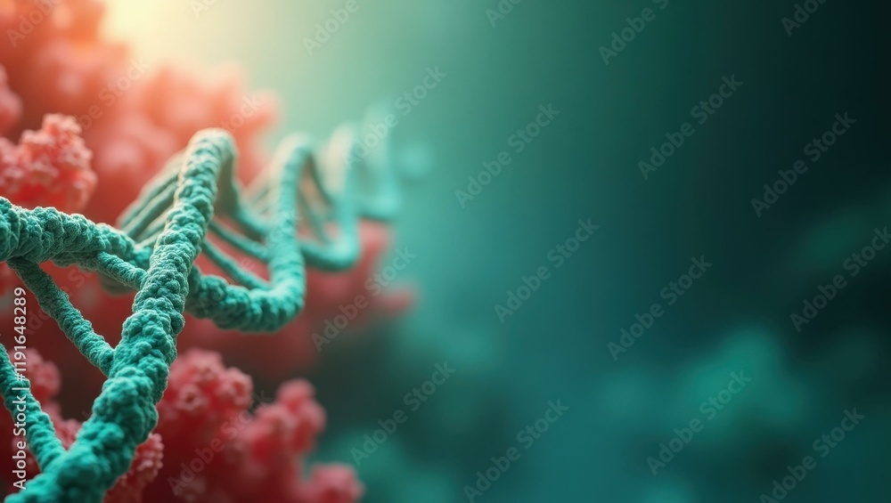 Poster glowing green dna strand on left. soft orange background. copy space for text, 3d render ai generate