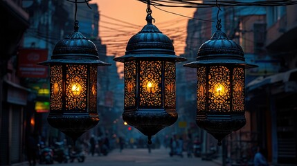 Illuminated Ornate Lanterns Hanging Over Busy Street