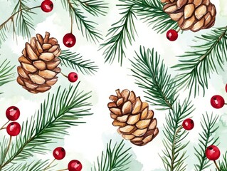 Watercolor Merry Christmas Seamless Background with Branches, Leaves, Pine Cone, and Berries - Green Texture Perfect for Invitations
