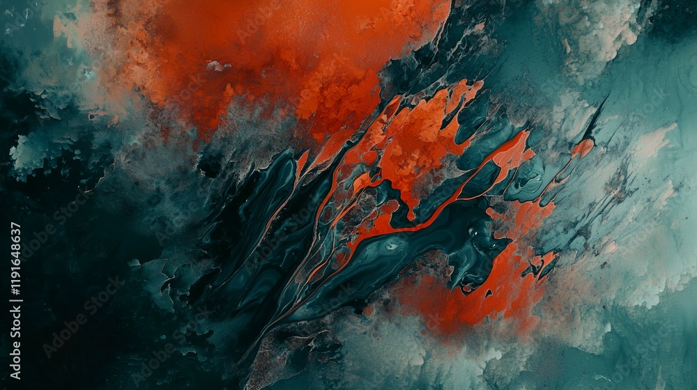 Poster red and teal colors mixing together in a swirling abstract painting, creating a visually captivating