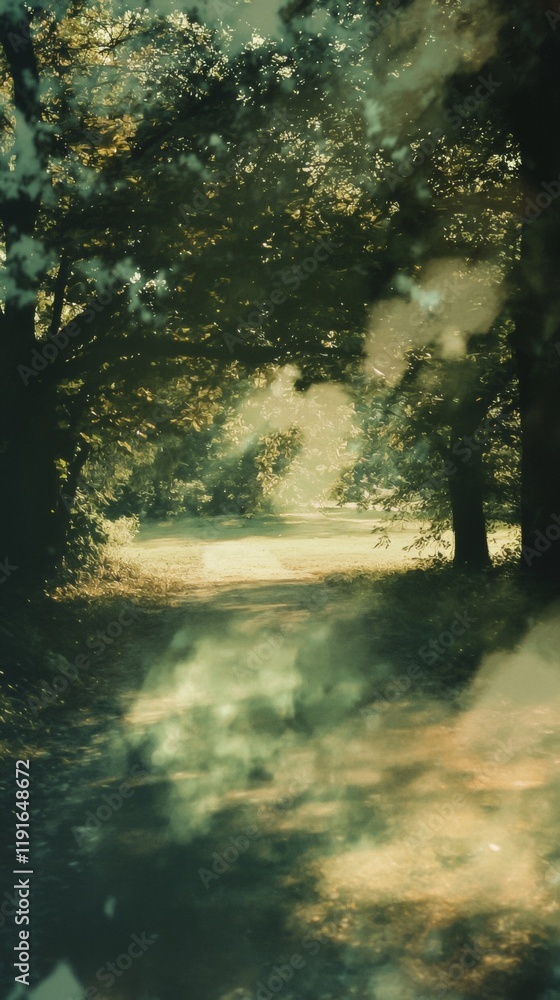 Aufkleber sunbeams illuminating a winding path through a misty forest, surrounded by lush green trees, create 