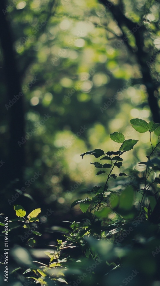 Poster sunlight filtering through lush green foliage in a dense forest creates a tranquil and serene atmosp