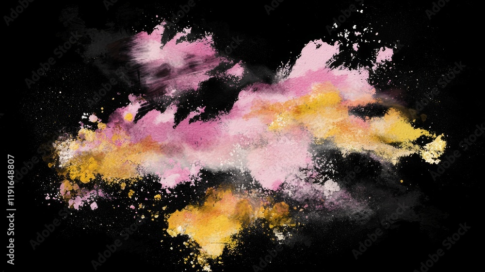Poster vibrant pink and gold powders bursting into an explosive display against a deep black background, cr