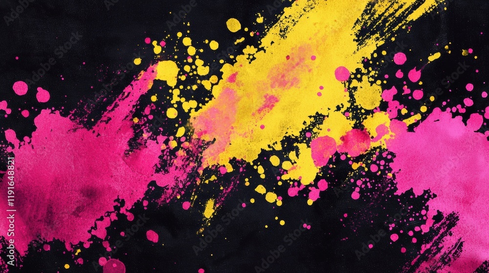 Poster pink and yellow paint splattering on a black background creating a vibrant and colorful abstract des