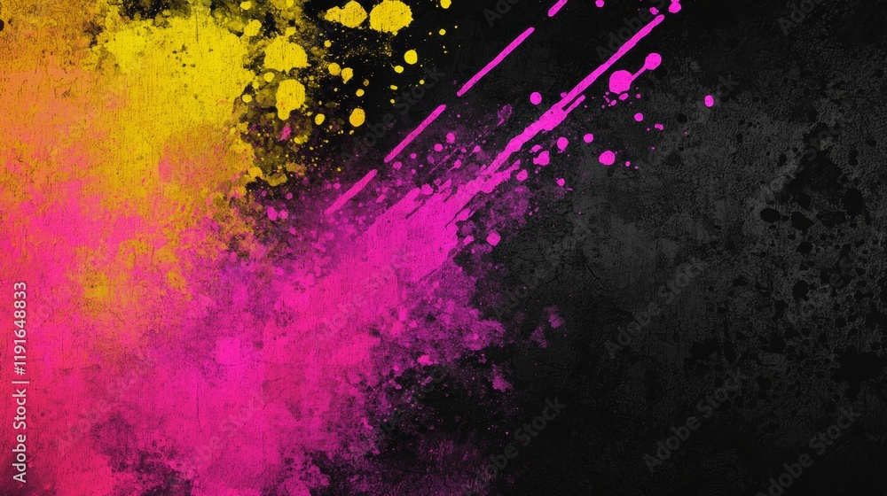 Poster pink and yellow paint splatters dynamically across a dark, textured grunge background, creating a st