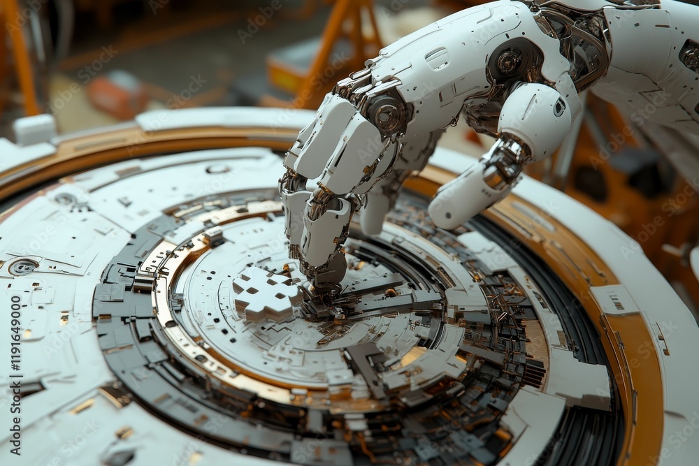 Poster robotic hand interacts with complex mechanism.