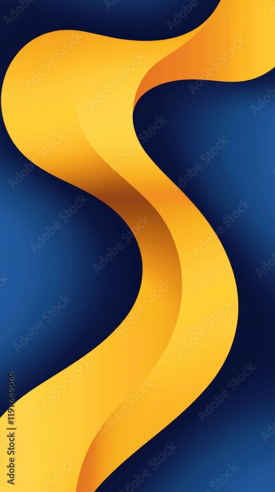 Poster smooth golden yellow shape flowing and waving on a dark blue background, creating an abstract and el