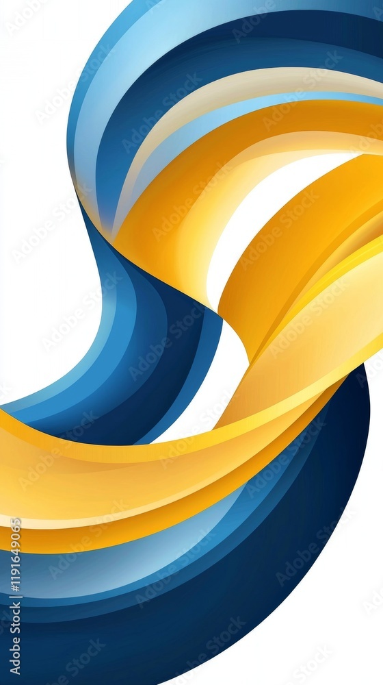Poster creating a dynamic and elegant composition, smooth blue and yellow waves flow gracefully against a c
