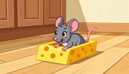 Obraz premium Happy mouse sitting on cheese block inside cozy kitchen