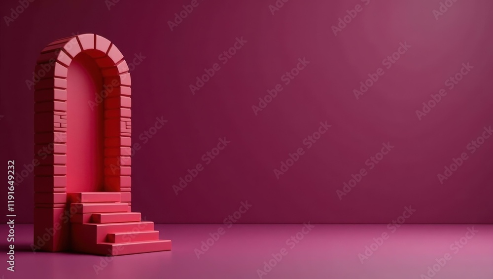 Poster garnet red vault on left. soft yellow background. copy space for text, 3d render ai generated design