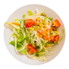 Mixed salad made from Chinese cabbage, grated carrots, corn kernels, tomato slices, complemented with whole olives. Isolated over white background