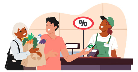 Senior woman and young man customers paying for groceries at cashier counter desk in supermarket