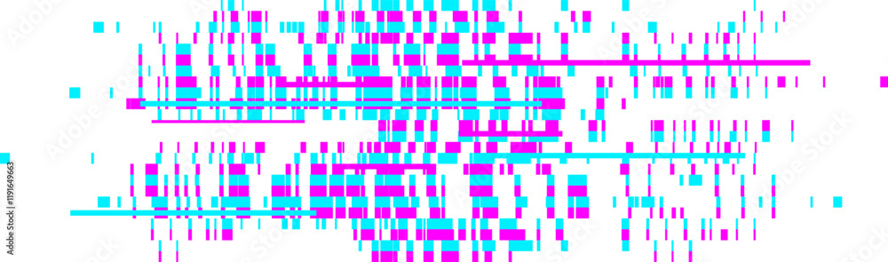 Poster intertwined cyan and magenta lines and squares create a vibrant and energetic abstract composition, 