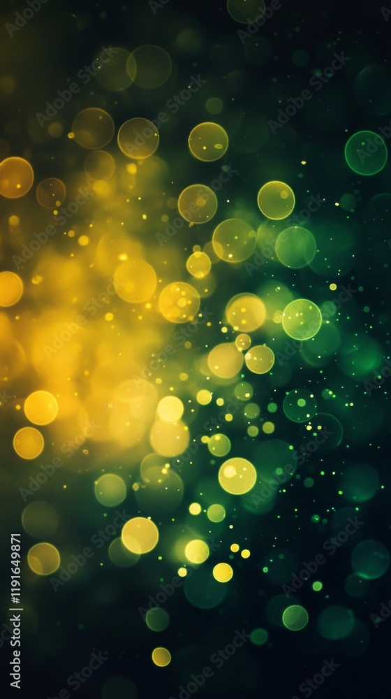 Poster blurred green and yellow bokeh lights are glowing and sparkling on a dark background, creating a fes