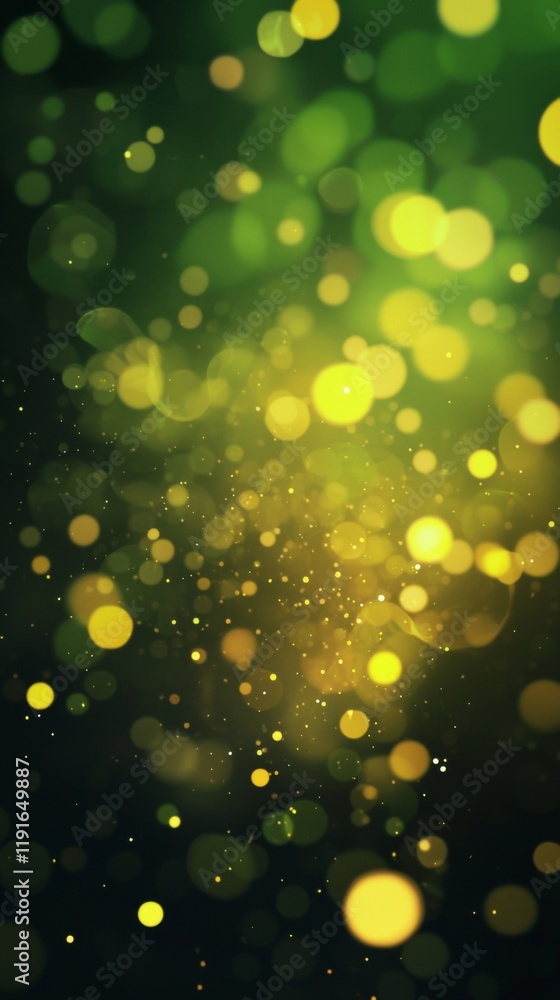 Poster abstract background with glowing green and yellow bokeh lights and sparkling particles floating in d