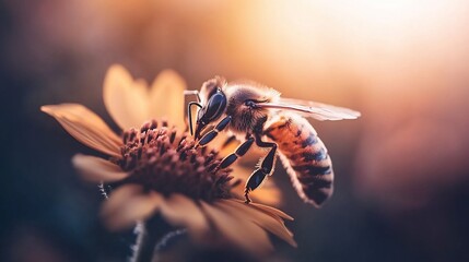 Bee pollinating flower at sunset, nature background