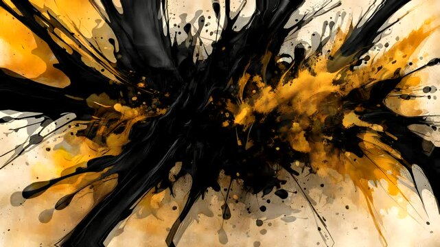 Abstract explosion of black and orange paint on a textured background.