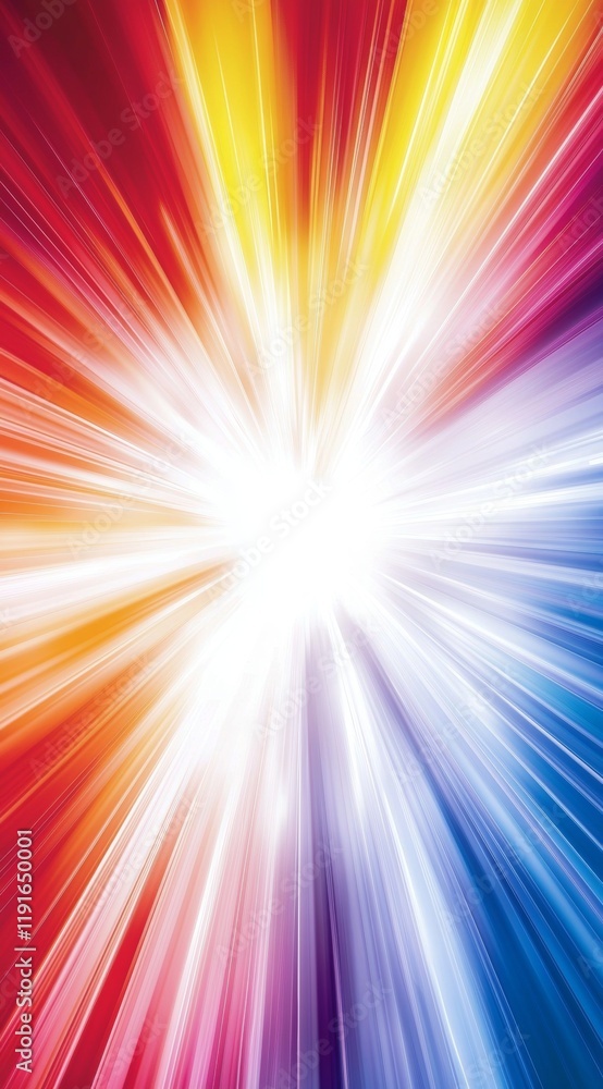 Poster bright multicolored rays emanating from a central luminous core create a dynamic starburst effect, f