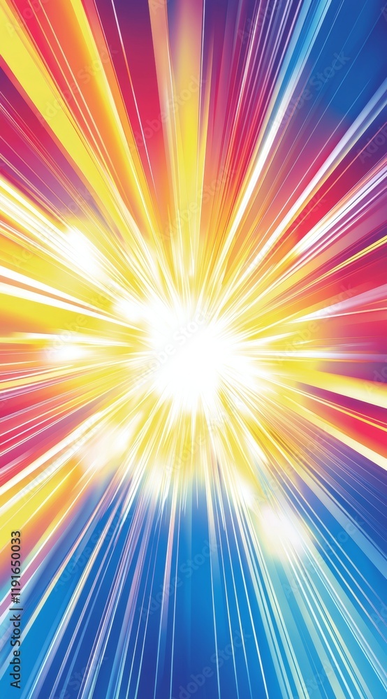Poster vibrant rays of light in various colors emanate from a bright central point, creating a dynamic and 