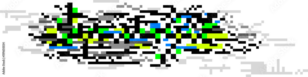 Poster colorful pixelated glitch art dissolving into a white background, creating an abstract and dynamic v