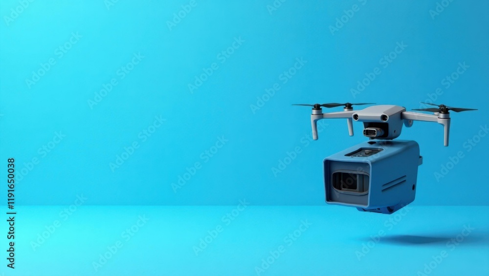 Poster cyan blue documentary drone camera on right. soft blue background. copy space for text, 3d render ai