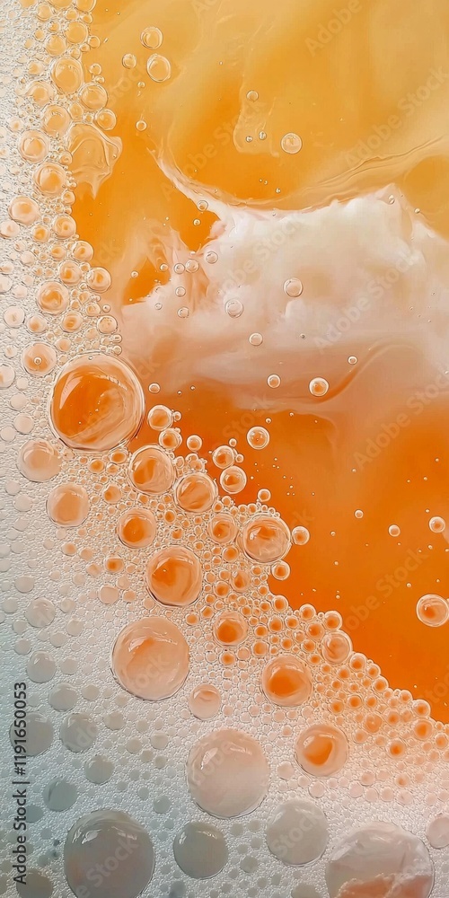 Poster abstract close-up showcases the mesmerizing interaction of orange and white fluids, forming a dynami