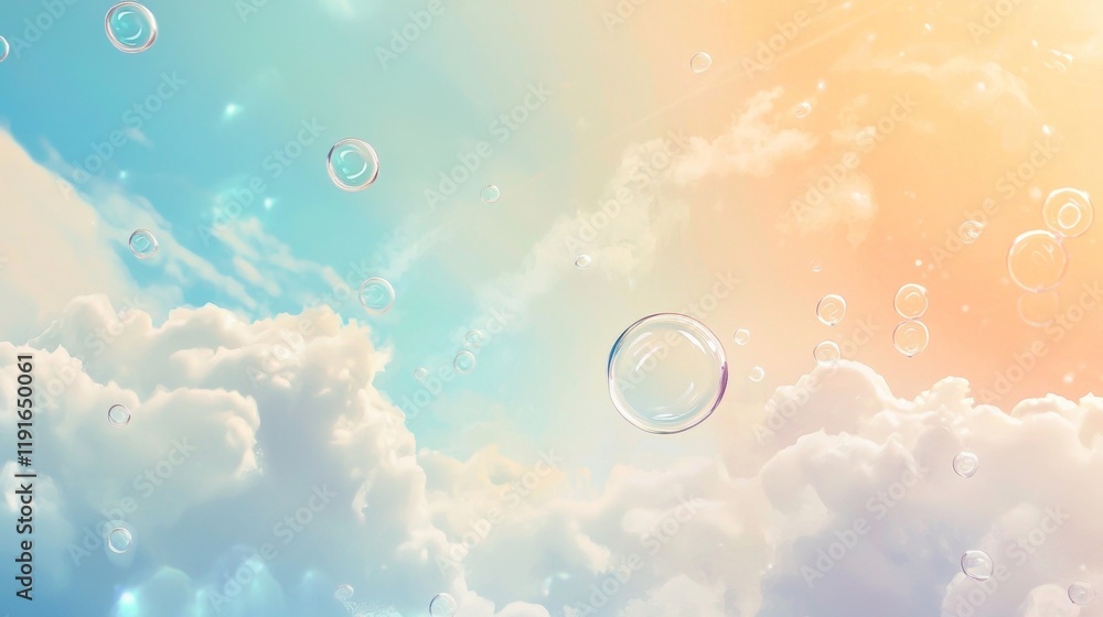 Poster soap bubbles are floating in a pastel-colored sky filled with fluffy white clouds, creating a dreamy