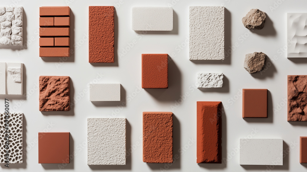 Poster a collection of architectural bricks with intricate geometric patterns displayed on a minimalist whi