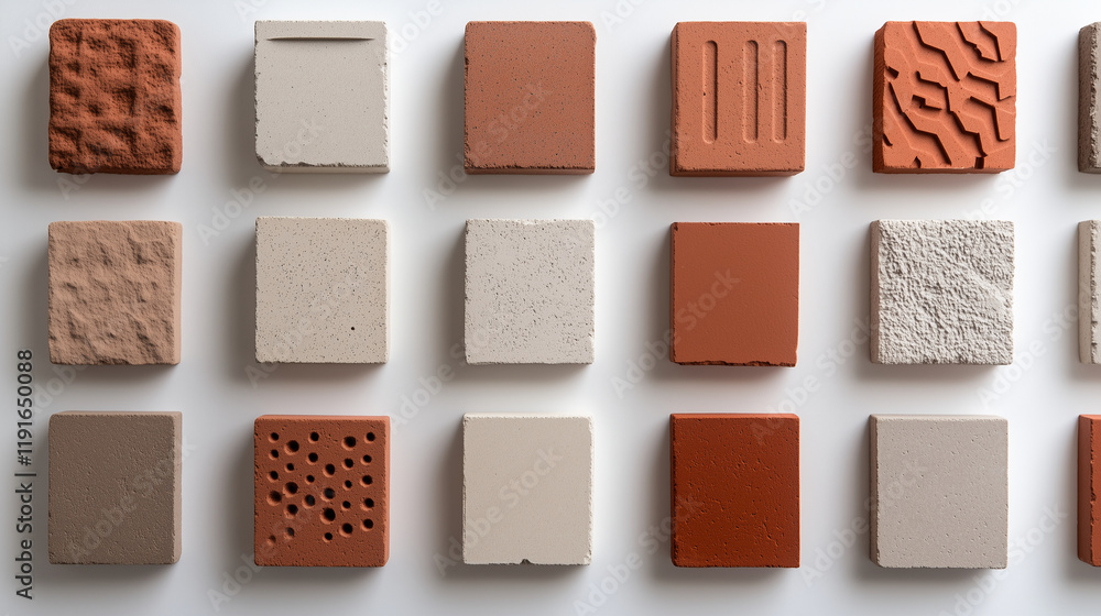 Poster a collection of architectural bricks with intricate geometric patterns displayed on a minimalist whi