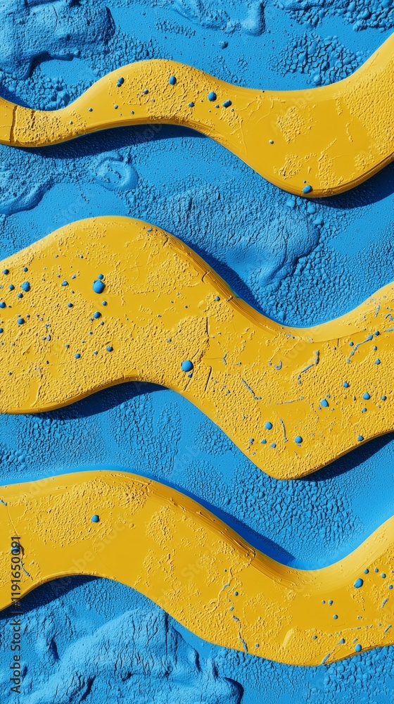 Aufkleber yellow wavy lines are flowing on a textured blue background, creating a vibrant abstract pattern tha