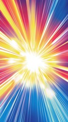 Vibrant rays of light in various colors emanate from a bright central point, creating a dynamic and energetic abstract background, perfect for conveying concepts of speed, power, and excitement